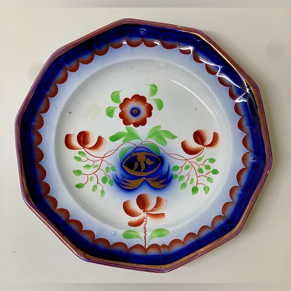 19th Century Gaudy Ironstone 10 Sided Flow Blue "Pearl White" Impressed Plate - Picture 10 of 13